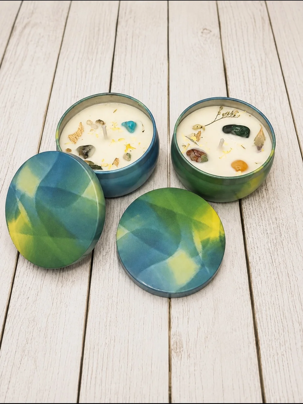 2 Pc Scented Soy Candles In Colorful Turquoise Tins With Natural Gemstones